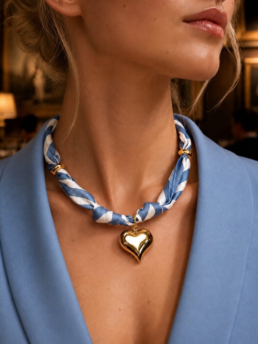 ✨Gold Heart Pendant White -Blue Striped Scarf Choker - Stainless Steel, Handmade